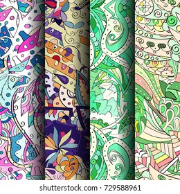 Set of tracery colorful seamless patterns. Vertical stripes. Curved doodling backgrounds for textile or printing with mehndi and ethnic motives. Vector
