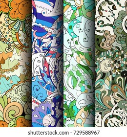 Set of tracery colorful seamless patterns. Vertical stripes. Curved doodling backgrounds for textile or printing with mehndi and ethnic motives. Vector