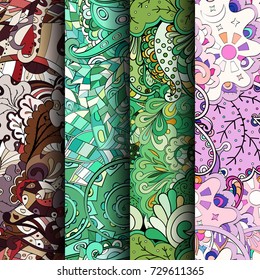 Set of tracery colorful seamless patterns. Vertical stripes. Curved doodling backgrounds for textile or printing with mehndi and ethnic motives. Vector