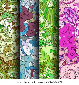 Set of tracery colorful seamless patterns. Vertical stripes. Curved doodling backgrounds for textile or printing with mehndi and ethnic motives. Vector