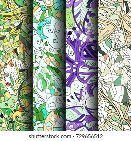Set of tracery colorful seamless patterns. Vertical stripes. Curved doodling backgrounds for textile or printing with mehndi and ethnic motives. Vector