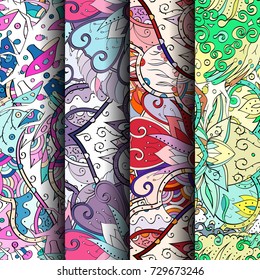 Set of tracery colorful seamless patterns. Vertical stripes. Curved doodling backgrounds for textile or printing with mehndi and ethnic motives. Vector