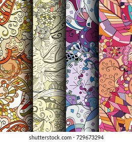 Set of tracery colorful seamless patterns. Vertical stripes. Curved doodling backgrounds for textile or printing with mehndi and ethnic motives. Vector