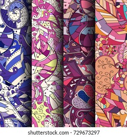 Set of tracery colorful seamless patterns. Vertical stripes. Curved doodling backgrounds for textile or printing with mehndi and ethnic motives. Vector