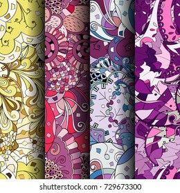 Set of tracery colorful seamless patterns. Vertical stripes. Curved doodling backgrounds for textile or printing with mehndi and ethnic motives. Vector