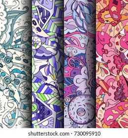 Set of tracery colorful seamless patterns. Vertical stripes. Curved doodling backgrounds for textile or printing with mehndi and ethnic motives. Vector