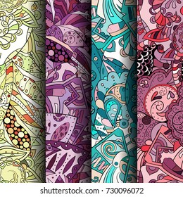 Set of tracery colorful seamless patterns. Vertical stripes. Curved doodling backgrounds for textile or printing with mehndi and ethnic motives. Vector