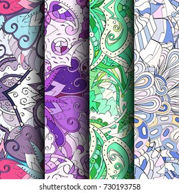 Set of tracery colorful seamless patterns. Vertical stripes. Curved doodling backgrounds for textile or printing with mehndi and ethnic motives. Vector