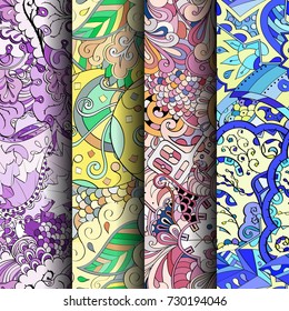 Set of tracery colorful seamless patterns. Vertical stripes. Curved doodling backgrounds for textile or printing with mehndi and ethnic motives. Vector