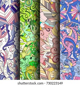 Set of tracery colorful seamless patterns. Vertical stripes. Curved doodling backgrounds for textile or printing with mehndi and ethnic motives. Vector
