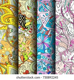Set of tracery colorful seamless patterns. Vertical stripes. Curved doodling backgrounds for textile or printing with mehndi and ethnic motives. Vector