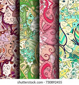 Set of tracery colorful seamless patterns. Vertical stripes. Curved doodling backgrounds for textile or printing with mehndi and ethnic motives. Vector