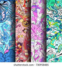 Set of tracery colorful seamless patterns. Vertical stripes. Curved doodling backgrounds for textile or printing with mehndi and ethnic motives. Vector