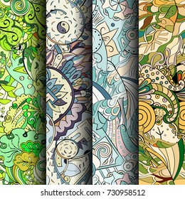Set of tracery colorful seamless patterns. Vertical stripes. Curved doodling backgrounds for textile or printing with mehndi and ethnic motives. Vector