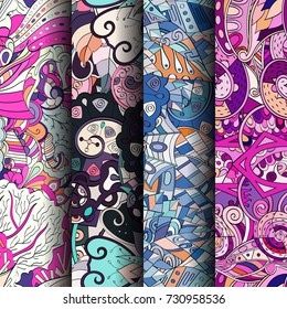 Set of tracery colorful seamless patterns. Vertical stripes. Curved doodling backgrounds for textile or printing with mehndi and ethnic motives. Vector