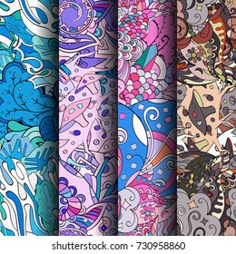 Set of tracery colorful seamless patterns. Vertical stripes. Curved doodling backgrounds for textile or printing with mehndi and ethnic motives. Vector