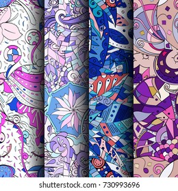 Set of tracery colorful seamless patterns. Vertical stripes. Curved doodling backgrounds for textile or printing with mehndi and ethnic motives. Vector