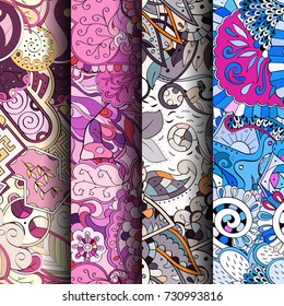 Set of tracery colorful seamless patterns. Vertical stripes. Curved doodling backgrounds for textile or printing with mehndi and ethnic motives. Vector