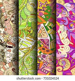 Set of tracery colorful seamless patterns. Vertical stripes. Curved doodling backgrounds for textile or printing with mehndi and ethnic motives. Vector