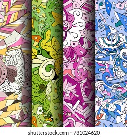 Set of tracery colorful seamless patterns. Vertical stripes. Curved doodling backgrounds for textile or printing with mehndi and ethnic motives. Vector