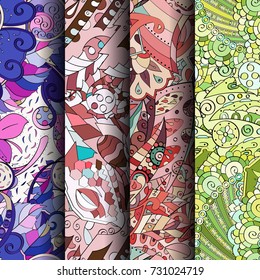 Set of tracery colorful seamless patterns. Vertical stripes. Curved doodling backgrounds for textile or printing with mehndi and ethnic motives. Vector