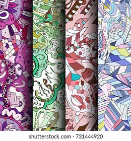 Set of tracery colorful seamless patterns. Vertical stripes. Curved doodling backgrounds for textile or printing with mehndi and ethnic motives. Vector