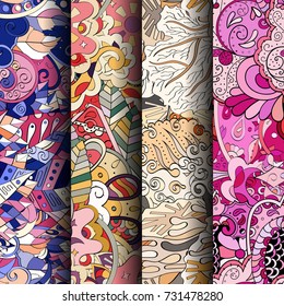 Set of tracery colorful seamless patterns. Vertical stripes. Curved doodling backgrounds for textile or printing with mehndi and ethnic motives. Vector