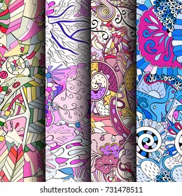 Set of tracery colorful seamless patterns. Vertical stripes. Curved doodling backgrounds for textile or printing with mehndi and ethnic motives. Vector