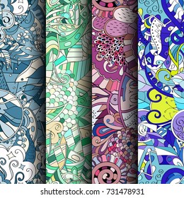 Set of tracery colorful seamless patterns. Vertical stripes. Curved doodling backgrounds for textile or printing with mehndi and ethnic motives. Vector
