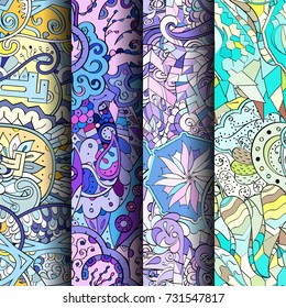 Set of tracery colorful seamless patterns. Vertical stripes. Curved doodling backgrounds for textile or printing with mehndi and ethnic motives. Vector