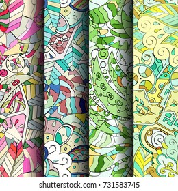Set of tracery colorful seamless patterns. Vertical stripes. Curved doodling backgrounds for textile or printing with mehndi and ethnic motives. Vector