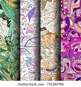 Set of tracery colorful seamless patterns. Vertical stripes. Curved doodling backgrounds for textile or printing with mehndi and ethnic motives. Vector