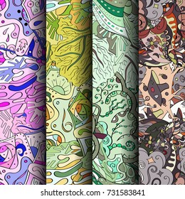 Set of tracery colorful seamless patterns. Vertical stripes. Curved doodling backgrounds for textile or printing with mehndi and ethnic motives. Vector