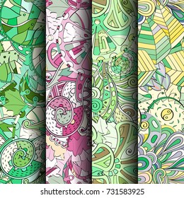 Set of tracery colorful seamless patterns. Vertical stripes. Curved doodling backgrounds for textile or printing with mehndi and ethnic motives. Vector