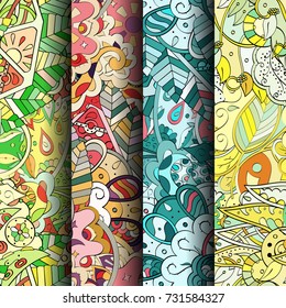 Set of tracery colorful seamless patterns. Vertical stripes. Curved doodling backgrounds for textile or printing with mehndi and ethnic motives. Vector