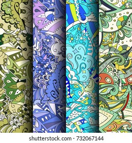 Set of tracery colorful seamless patterns. Vertical stripes. Curved doodling backgrounds for textile or printing with mehndi and ethnic motives. Vector