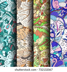 Set of tracery colorful seamless patterns. Vertical stripes. Curved doodling backgrounds for textile or printing with mehndi and ethnic motives. Vector