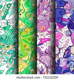 Set of tracery colorful seamless patterns. Vertical stripes. Curved doodling backgrounds for textile or printing with mehndi and ethnic motives. Vector