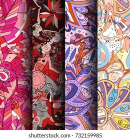 Set of tracery colorful seamless patterns. Vertical stripes. Curved doodling backgrounds for textile or printing with mehndi and ethnic motives. Vector