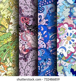 Set of tracery colorful seamless patterns. Vertical stripes. Curved doodling backgrounds for textile or printing with mehndi and ethnic motives. Vector