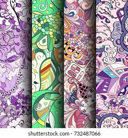 Set of tracery colorful seamless patterns. Vertical stripes. Curved doodling backgrounds for textile or printing with mehndi and ethnic motives. Vector