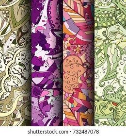 Set of tracery colorful seamless patterns. Vertical stripes. Curved doodling backgrounds for textile or printing with mehndi and ethnic motives. Vector