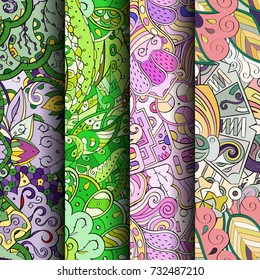 Set of tracery colorful seamless patterns. Vertical stripes. Curved doodling backgrounds for textile or printing with mehndi and ethnic motives. Vector