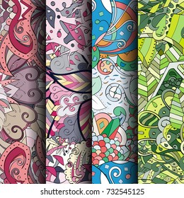 Set of tracery colorful seamless patterns. Vertical stripes. Curved doodling backgrounds for textile or printing with mehndi and ethnic motives. Vector