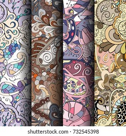 Set of tracery colorful seamless patterns. Vertical stripes. Curved doodling backgrounds for textile or printing with mehndi and ethnic motives. Vector