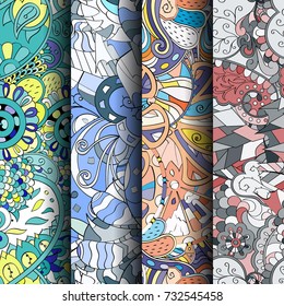 Set of tracery colorful seamless patterns. Vertical stripes. Curved doodling backgrounds for textile or printing with mehndi and ethnic motives. Vector