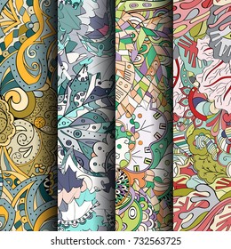 Set of tracery colorful seamless patterns. Vertical stripes. Curved doodling backgrounds for textile or printing with mehndi and ethnic motives. Vector
