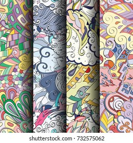 Set of tracery colorful seamless patterns. Vertical stripes. Curved doodling backgrounds for textile or printing with mehndi and ethnic motives. Vector