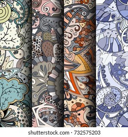 Set of tracery colorful seamless patterns. Vertical stripes. Curved doodling backgrounds for textile or printing with mehndi and ethnic motives. Vector