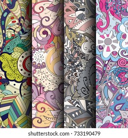 Set of tracery colorful seamless patterns. Vertical stripes. Curved doodling backgrounds for textile or printing with mehndi and ethnic motives. Vector